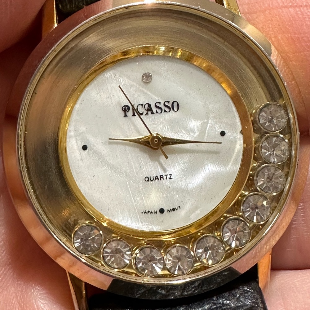 Vintage Picasso genuine leather watch moveable rhinestones within watch face